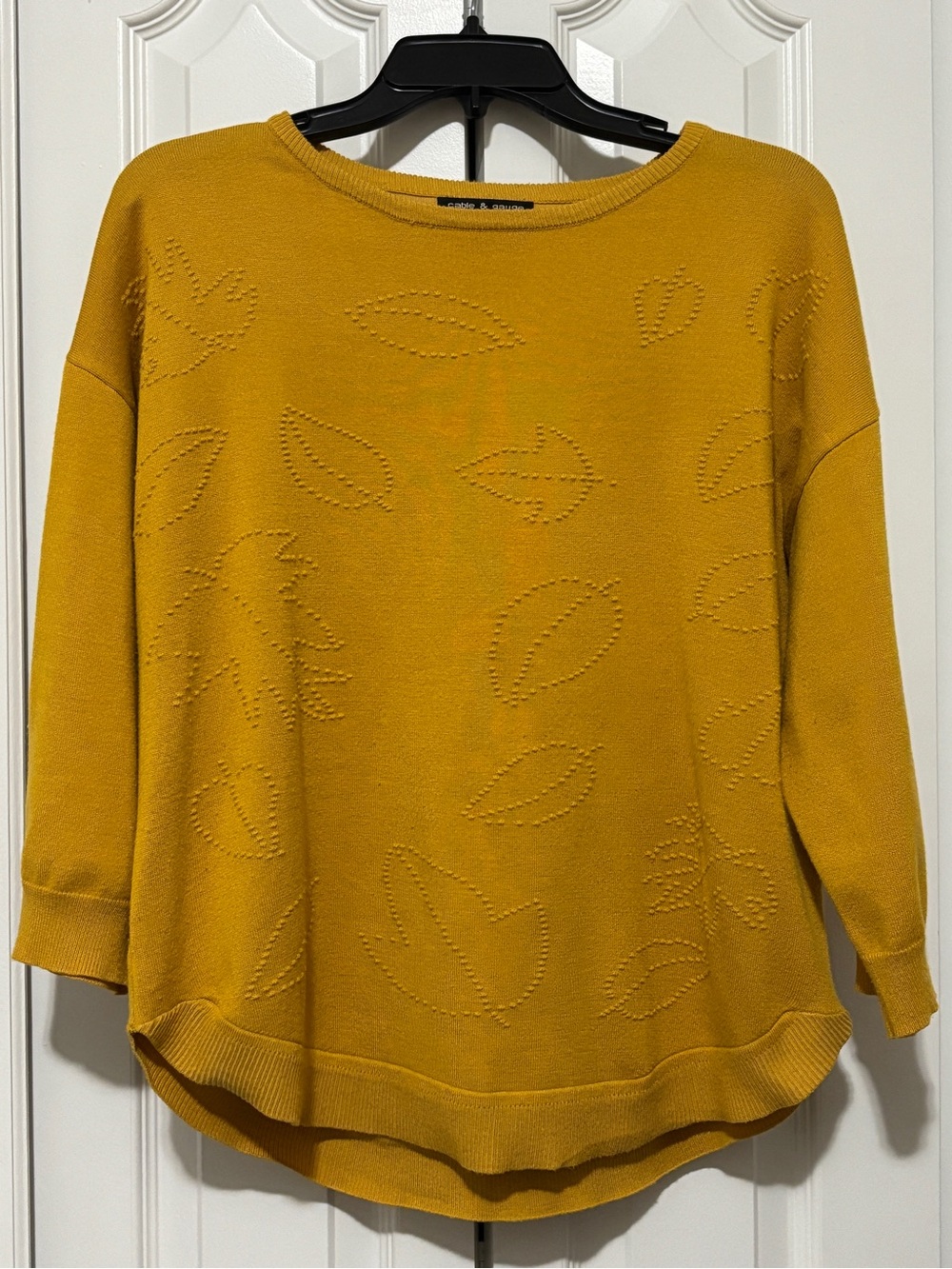Cable & Gauge Mustard Yellow Pointelle Leaf Crewneck Sweater